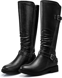 Women's Knee High Boots Comfortable Round Toe Low Heel Tall Booties with Side Zipper Fall Winter Dressy Shoes