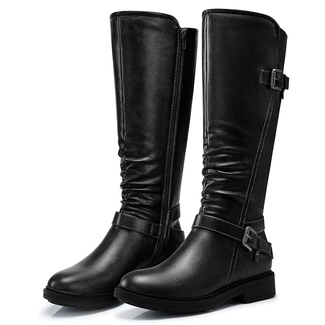 SHIBEVER Womens Knee High Boots Comfortable Round Toe Low Heel Tall Booties with Side Zipper Fall Winter Dressy