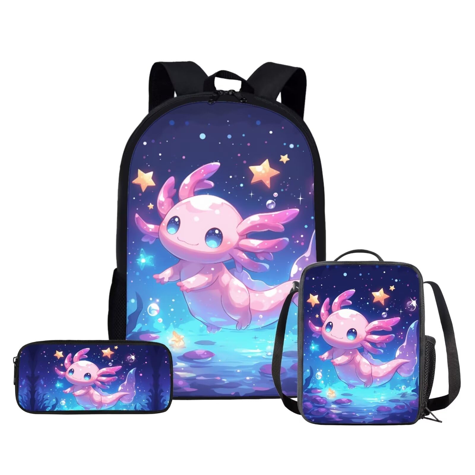 ZPINXIGN Cute Axolotl Backpack for Girls 3-in-1 Back to School Set - Kindergarten to Elementary Backpack with Lunch Box & Pencil Case for Kids Age 5-8