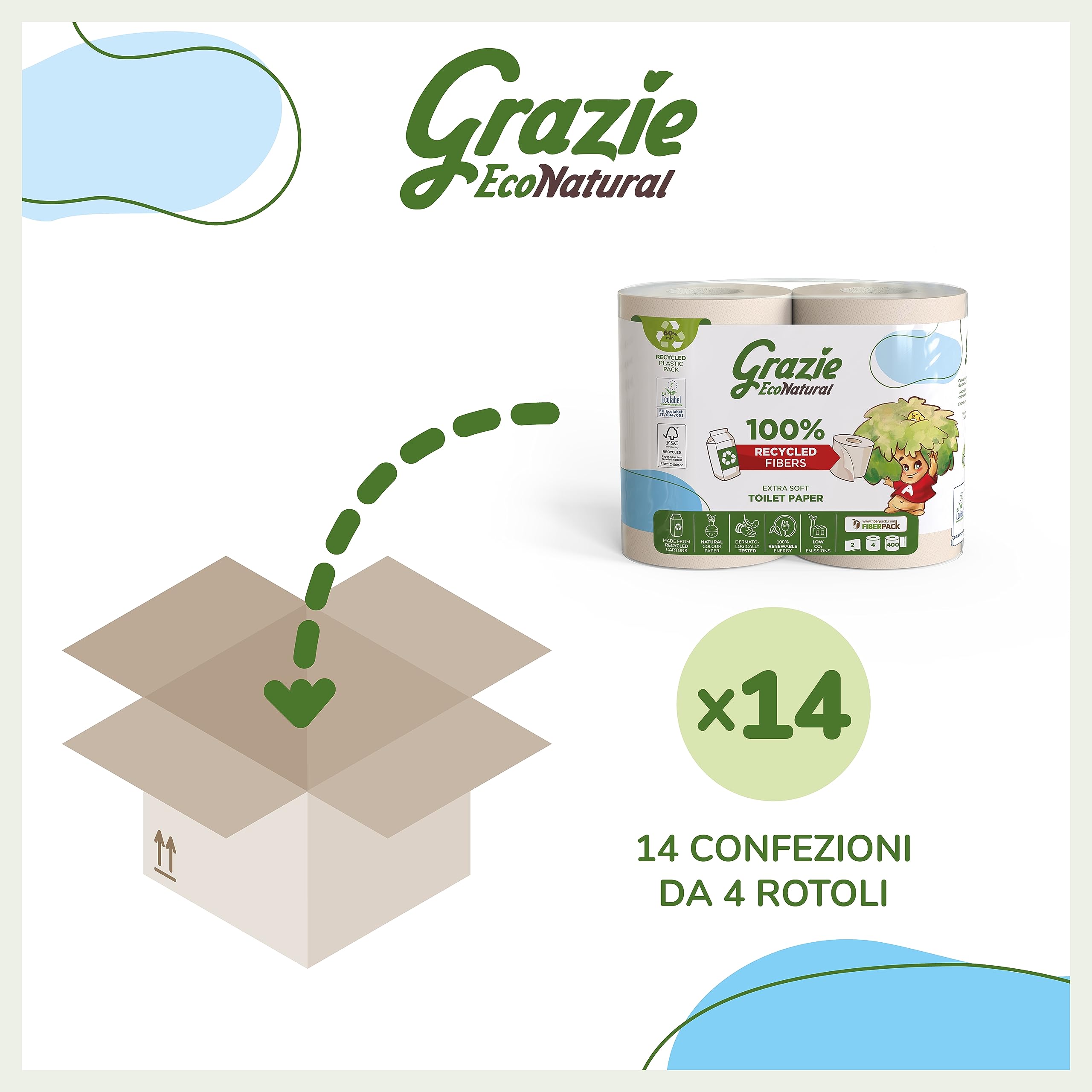 Grazie Natural, Carta Igienica EcoNatural, 56 Rotoli, Carta Igienica Riciclata Fiberpack 100% Ecologica, Rispetta l'Ambiente, Certificata Ecolabel e FSC Recycled, Made in Italy