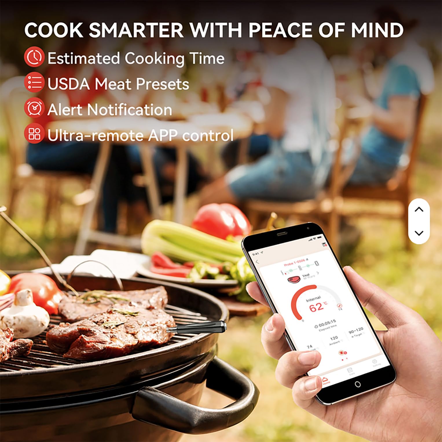 Küchenthermometer, kabellos, Bluetooth – Kochthermometer mit App Überwachung mit Timer und Alarm – IP67 wasserdicht und ölbeständig – Thermometer für BBQ, Grill, Smoker, Ofen