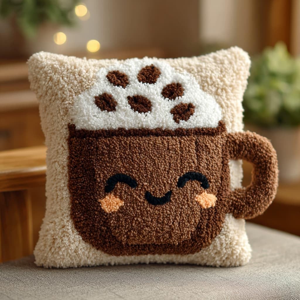 Taxpy DIY Latch Hook Kits, Cartoon Teacup Cushions Pillow Case Embroidery Carpet Set Needlework Crocheting Cushion Embroidery Set 43x43cm