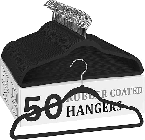 Perchas de plástico, paquete de 50 perchas con revestimiento de goma, perchas antideslizantes y duraderas con cubierta de goma, ahorro de espacio