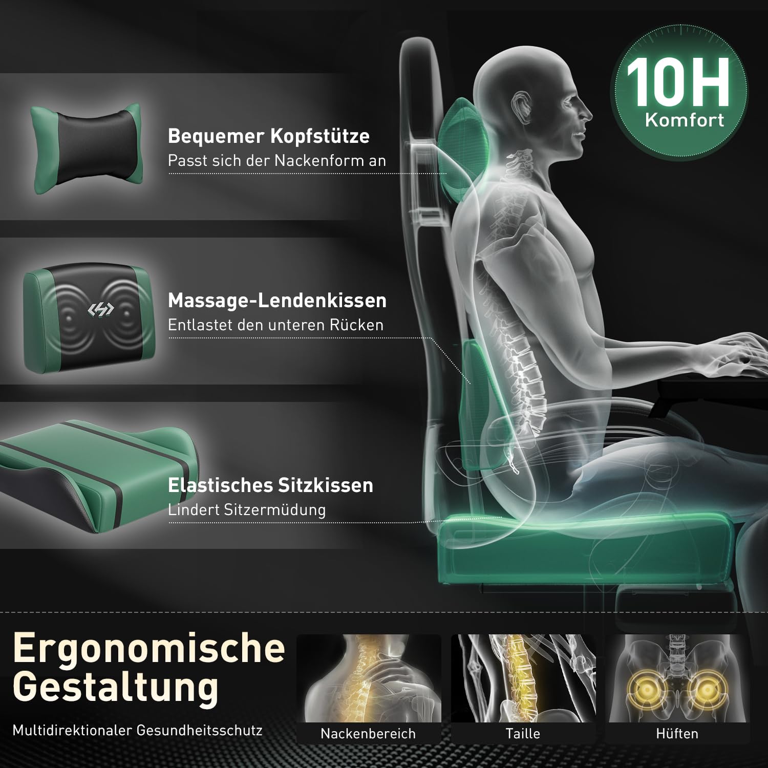 HLONONE Gaming Stuhl mit Massagefunktion, Ergonomischer Gamer Stuhl, Racing Gaming Sessel mit Fußstütze, Kopfstütze und Massage Lendenkissen, Gepolstert PC Stuhl, 150 kg Belastbarkeit, Schwarz-Grün