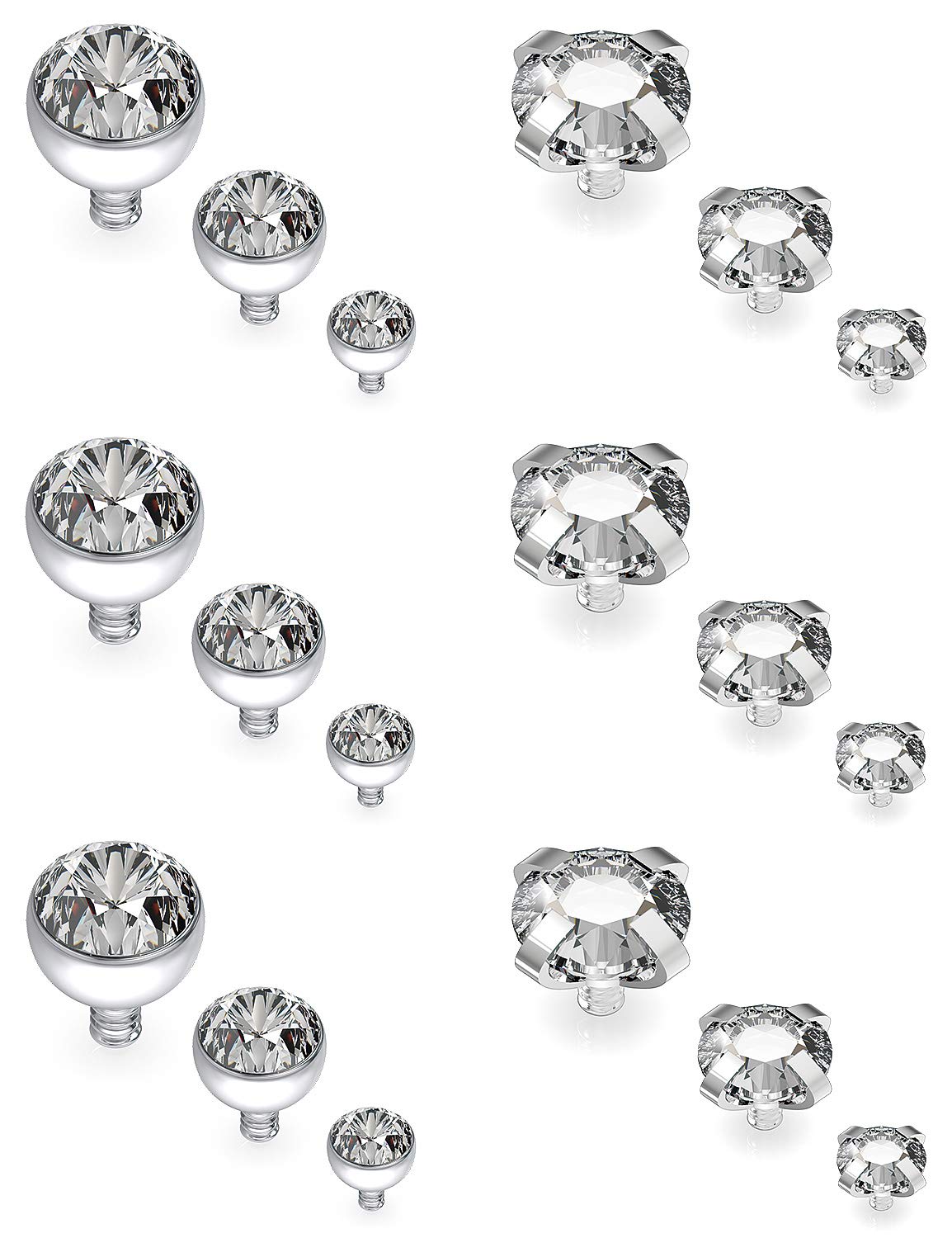 Hoeudjo18PCS 14G Grade 23 Titanium Dermal Anchor Tops Internally Threaded Clear Gem for Women Men, Mixsize Top 2mm/3mm/4mm