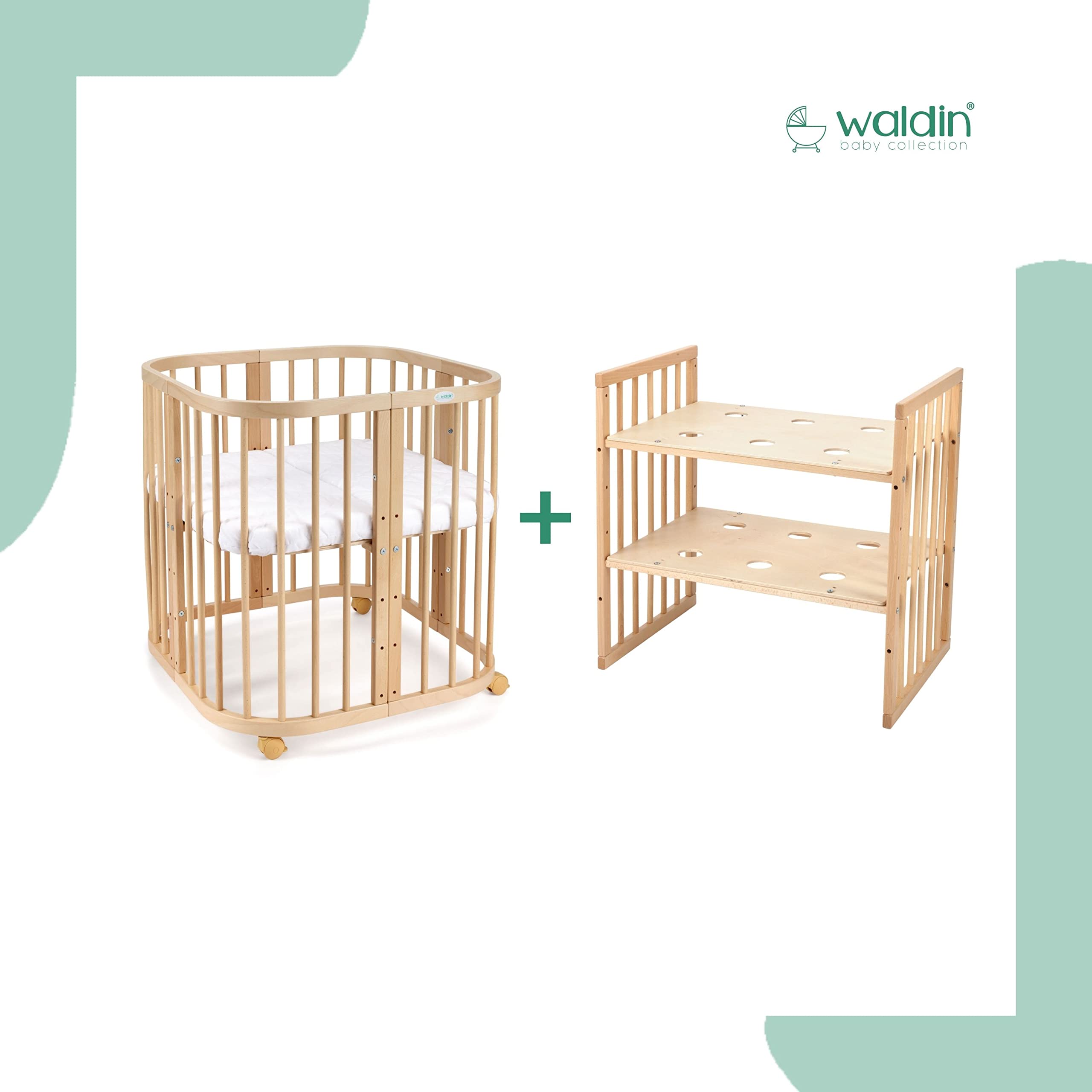 waldin Cuna Móvil 7en1, Colchón y Ruedas, con Estante, Madera Natural | Sin Juego de Textiles, de Crecimiento, Cama para Bebé, Colecho de Madera, Evolutiva, Mecedora Opcional