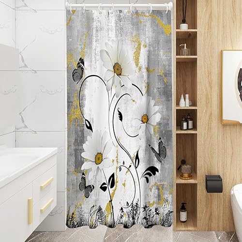 Miniatura 7 de AAtter Cortina de ducha con flores florales negras y doradas, margaritas blancas, grises, mariposas, amarillo, mostaza, hojas abstractas, plantas