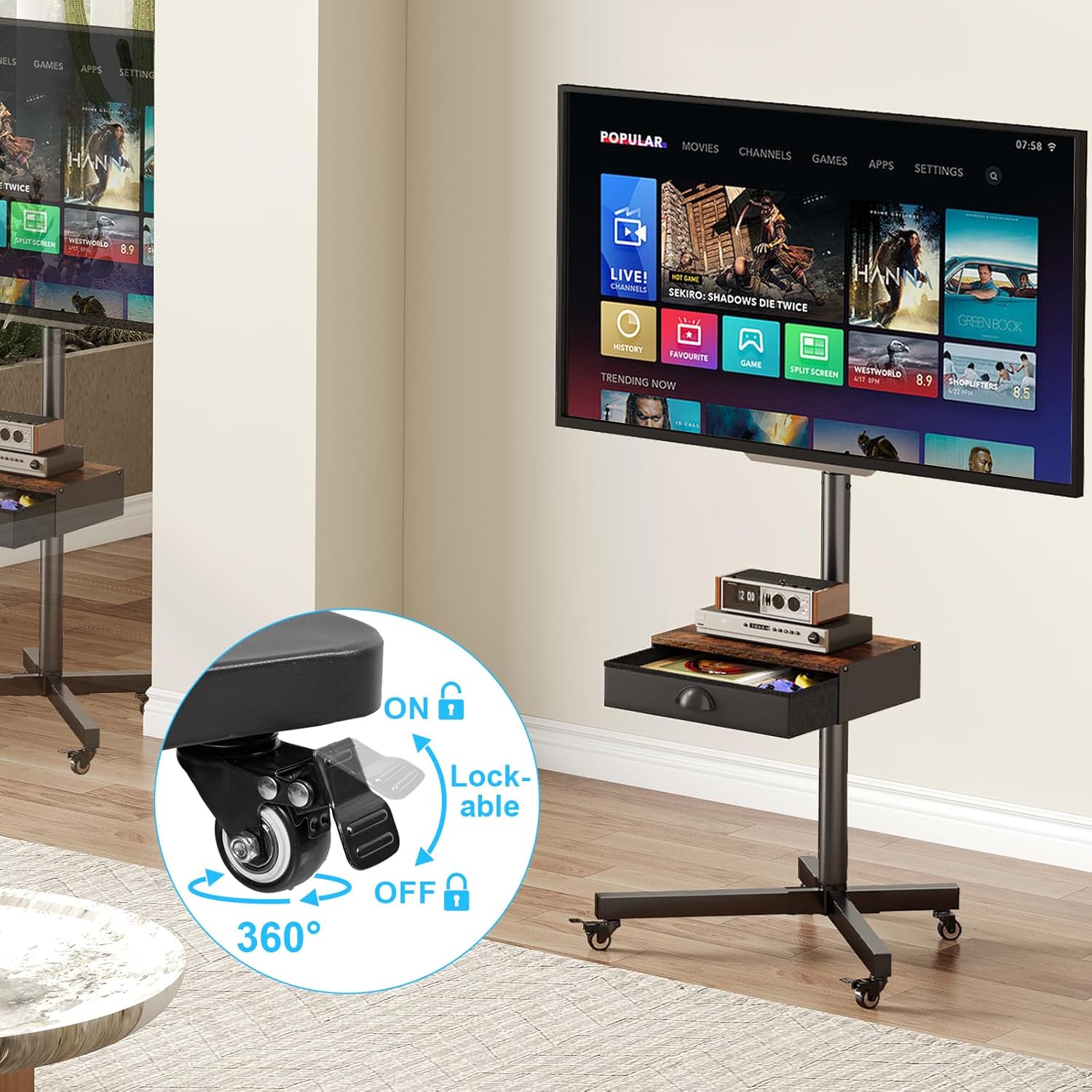 Mobile TV Stand with Drawer for 23-60 Inch Flat/Curved Screen,Tilt Rolling TV Cart on Wheels with Adjustable Height Portable TV Floor Stand Holds up to 50 lbs for Indoor Outdoor Max VESA 400x400mm