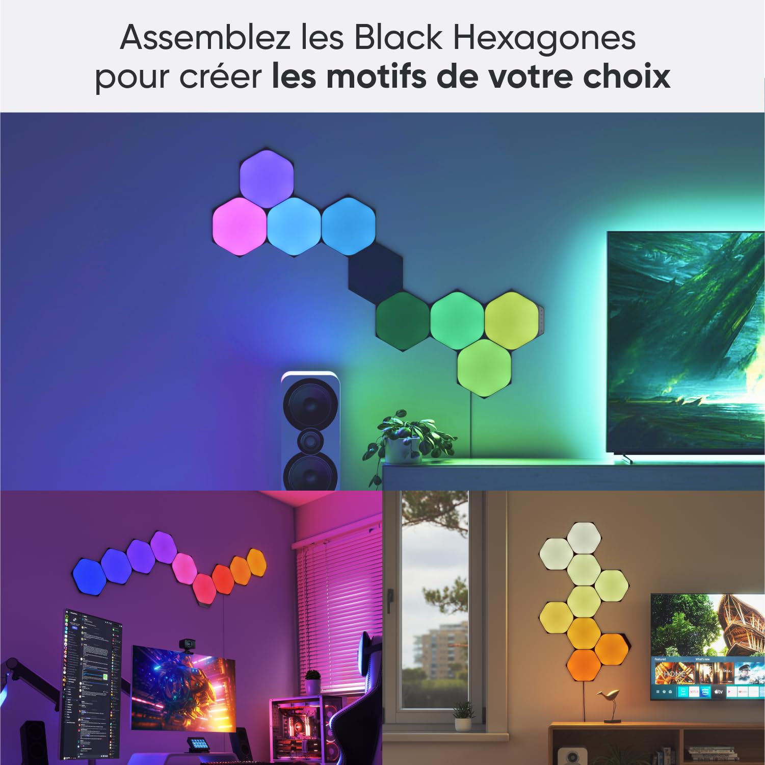 Nanoleaf Shapes Black Hexagon Kit de Démarrage, 9 Panneaux LED | Lampe Murale Modulaire Wi-Fi, 16M Couleurs, Sync Musique et Écran, Compatible Alexa Google Apple, Déco Gaming
