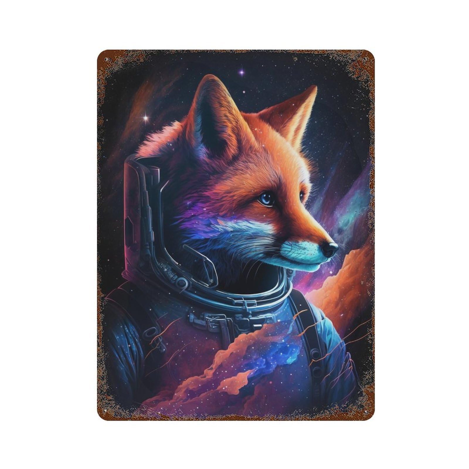 Distressed Metal Wall Sign with Cosmic Fox Astronaut Artwork Design 15.7"x11.8", for Shed, Workshop And Garage Wall Decor, Decorative Metal Wall Art