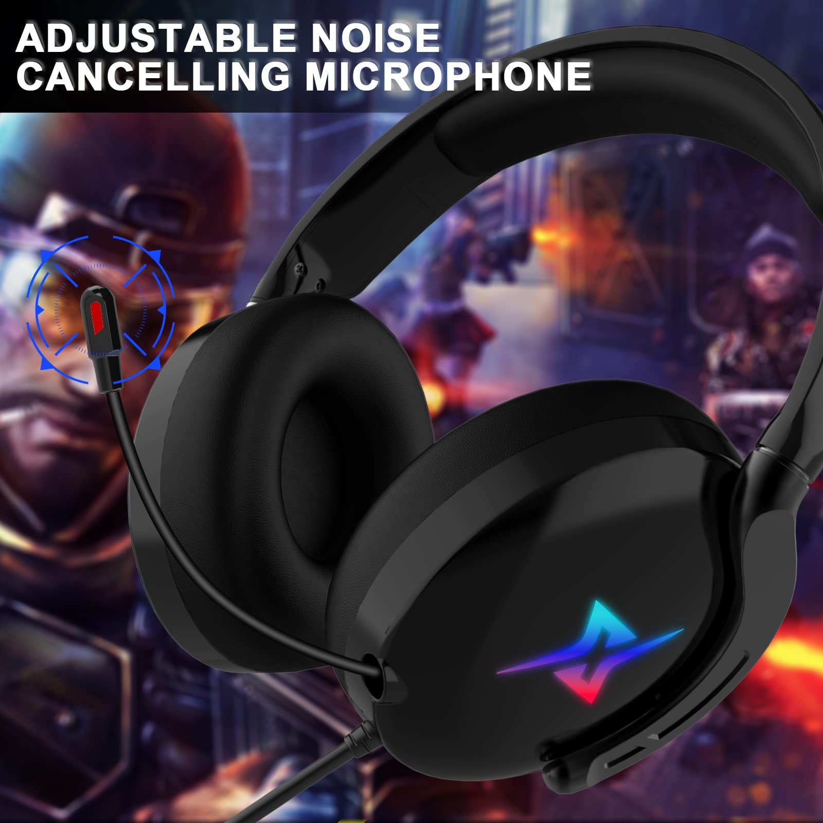 Cuffie da gioco per PS4 PS5 PC con audio surround 3D con microfono, cuffie cancellazione del rumore RGB luci per gamer, 21 x 20 x 6 cm, colore nero