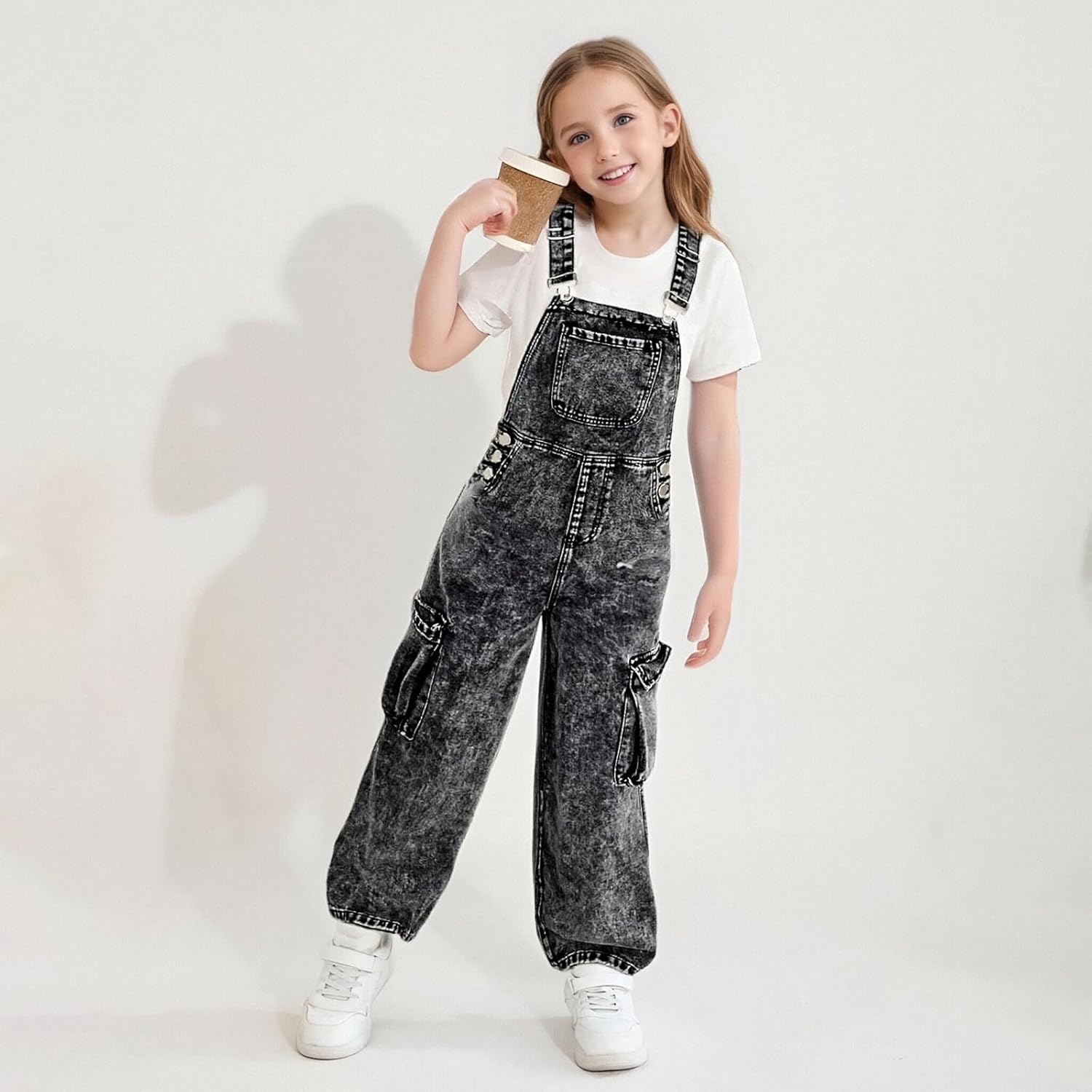 Girls Denim Overalls Cargo Jean Jumpsuit Kids Adjustable Straps Jeans Bib Overall with Pockets 6-14 Years