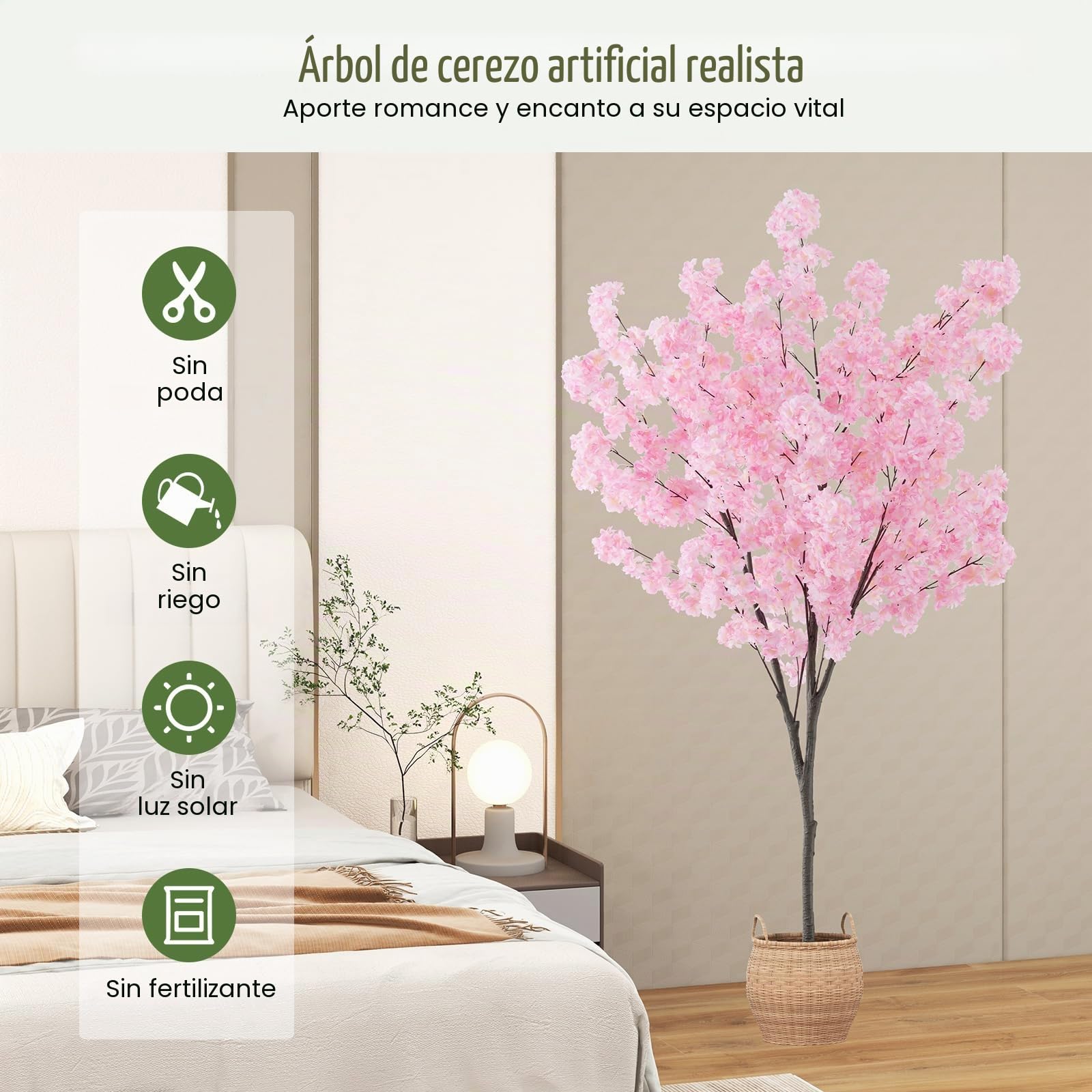 RELAX4LIFE Planta Artificial Decorativa Sakura 190 cm, Planta Artificial con Maceta, Planta Artificial Grande con 1170 Flores para Salón, Dormitorio, Oficina y Entrada (Rosa)