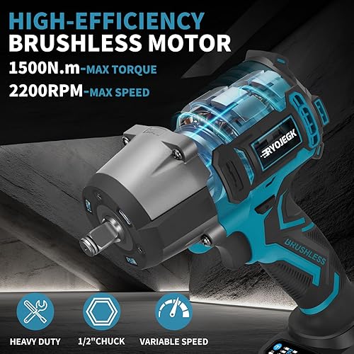 Miniatura 3 de Llave de impacto de 1500 N.m, pistola de impacto inalámbrica de 1107 pies-libras de 12 pulgada, destornillador de impacto de potencia sin escobillas