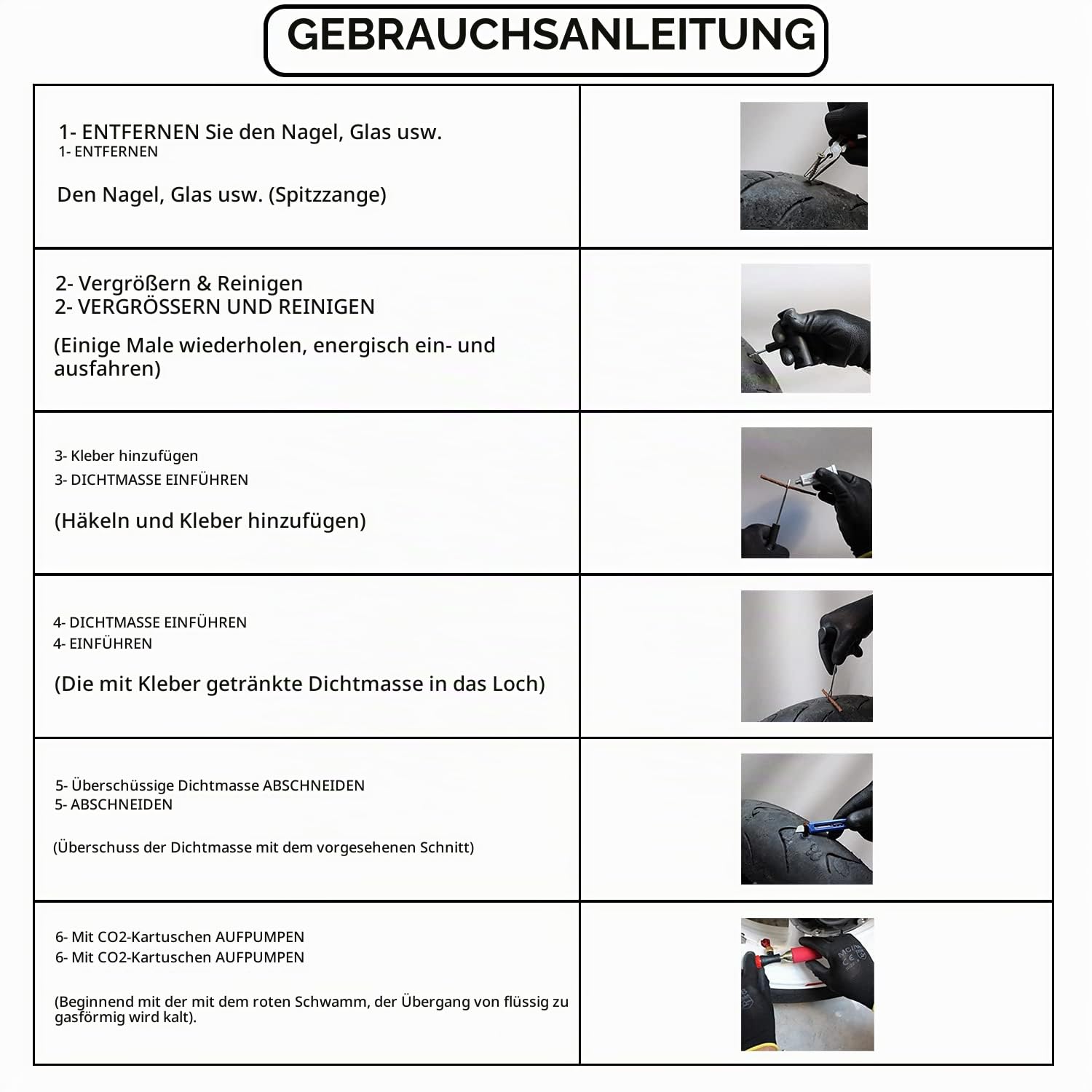 Reifen Reparatur Set Schlauchlos, Notfallausrüstung Enthält, Auto Motorrad MTB Quad Dichtmittel Mit 3 Patronen Easy Inflation + Handschuhe Kostenlos (Pro 3 Co2)