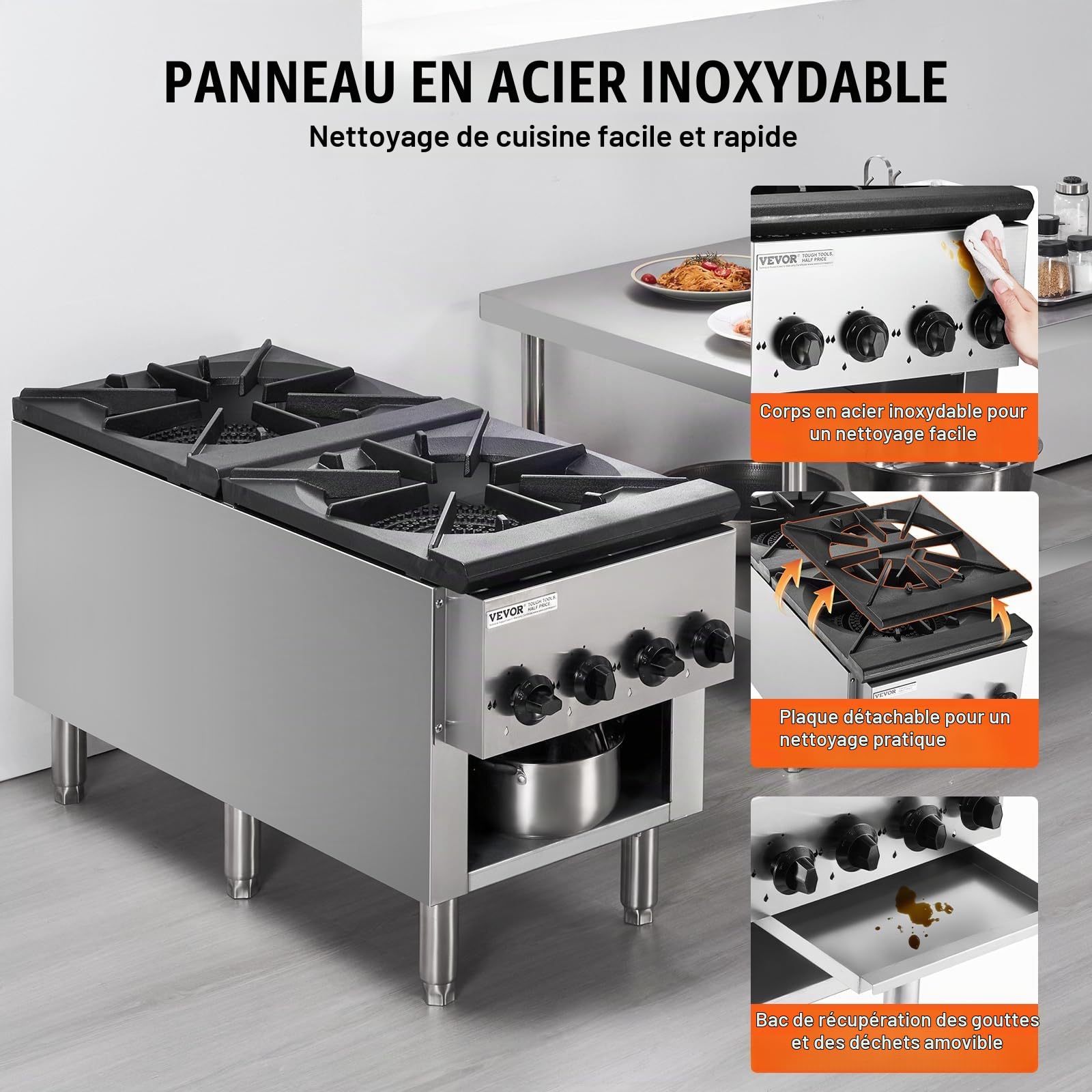 VEVOR Cuisinière à Gaz Commerciale 2 Brûleurs, Plaque de Cuisson de Comptoir au Propane et au Gaz Naturel, 52 kW, en Acier Inoxydable, avec Armoire, Équipement de Cuisson Commercial pour Restaurant