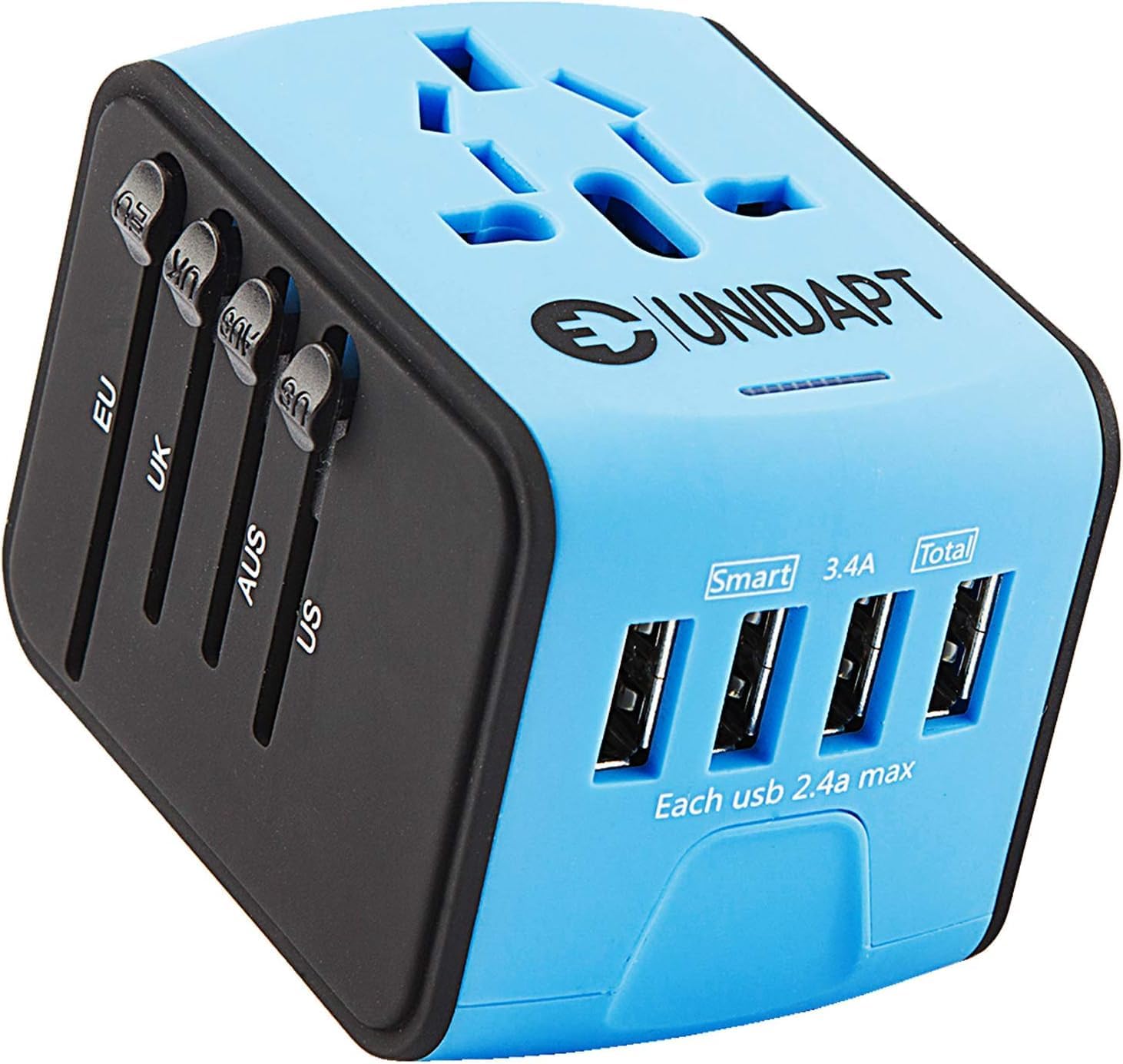Unidapt Universal Travel Adapter, International Plug Adapter Fast 2,4A 4-USB European Power Plug, AC Wall Charger - Worldwide Outlet for Europe US USA UK EU AUS, Blue