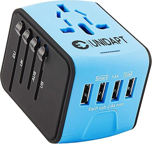 Unidapt Adaptador de viaje universal, adaptador de enchufe internacional rápido 2,4A 4-USB enchufe de alimentación europeo, cargador de pared de CA
