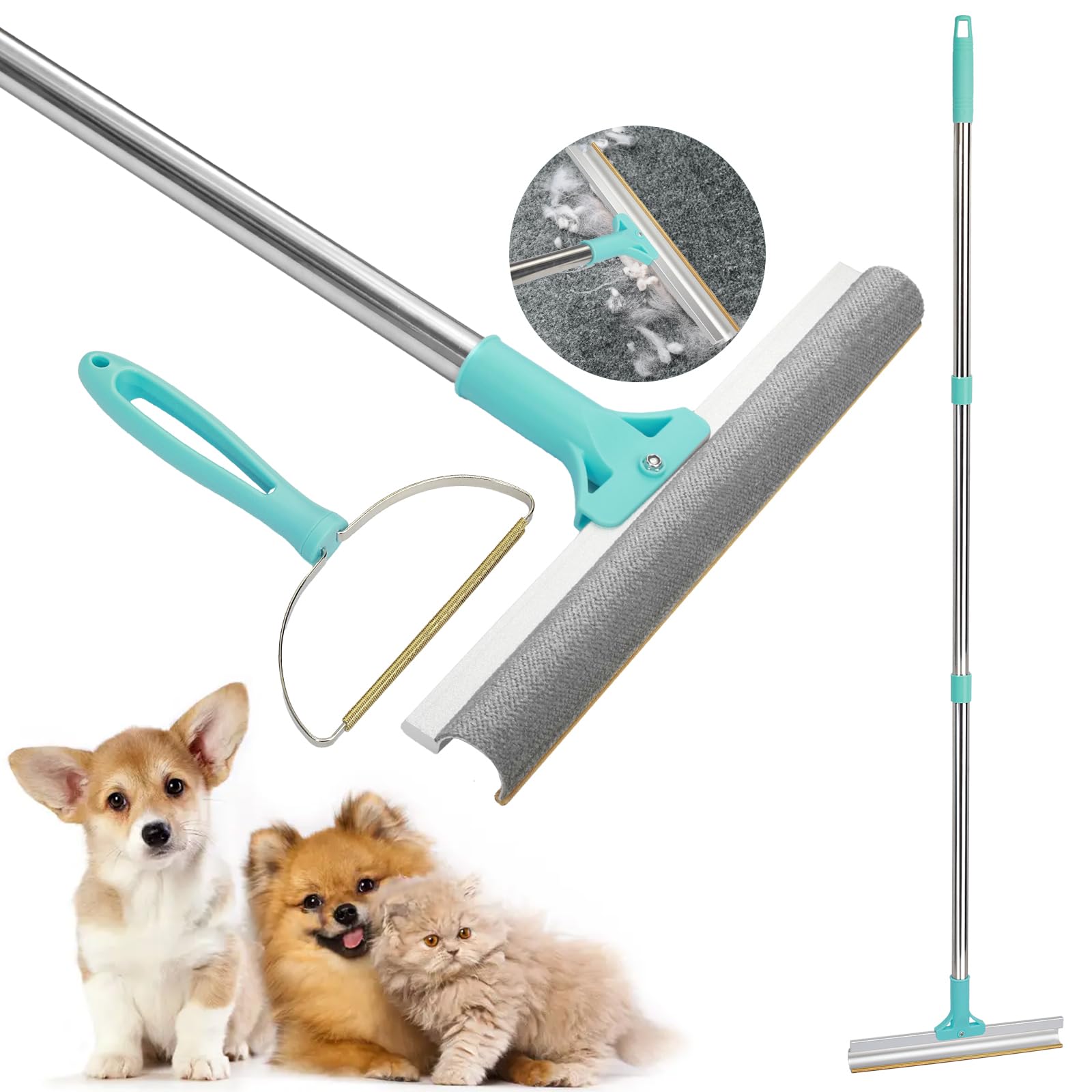 Tierhaarentferner, 2-in-1-Haarentferner, Teppichbürste mit 137 cm Verstellbarem Griff zum Entfernen von Tierhaare aus Autos, Teppichen, Fußböden, Sofas und Kleidung (Blau)