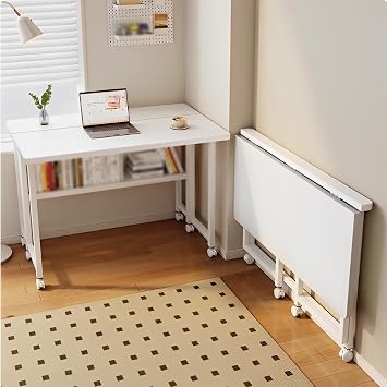 Folding Table with Pulley Desk, PC Desk Desk, Wooden, Stylish, Large Desktop, Double Layer Storage, Study Desk, 360  Rotation, Folding Desk, Suitable for Living Room, Dining Room, Bedroom Single Item
