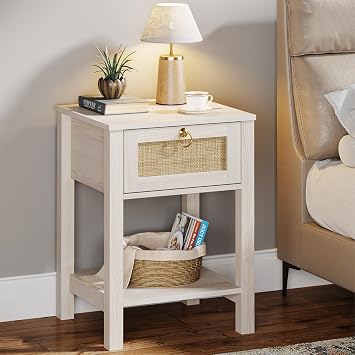 Eclatara Rattan Nightstand Sturdy White Night Stand with Rattan Decor Drawer, Farmhouse Nightstand Bedside Table Boho End Tables Side Tables for Bedroom Cream White Oak,1 Piece