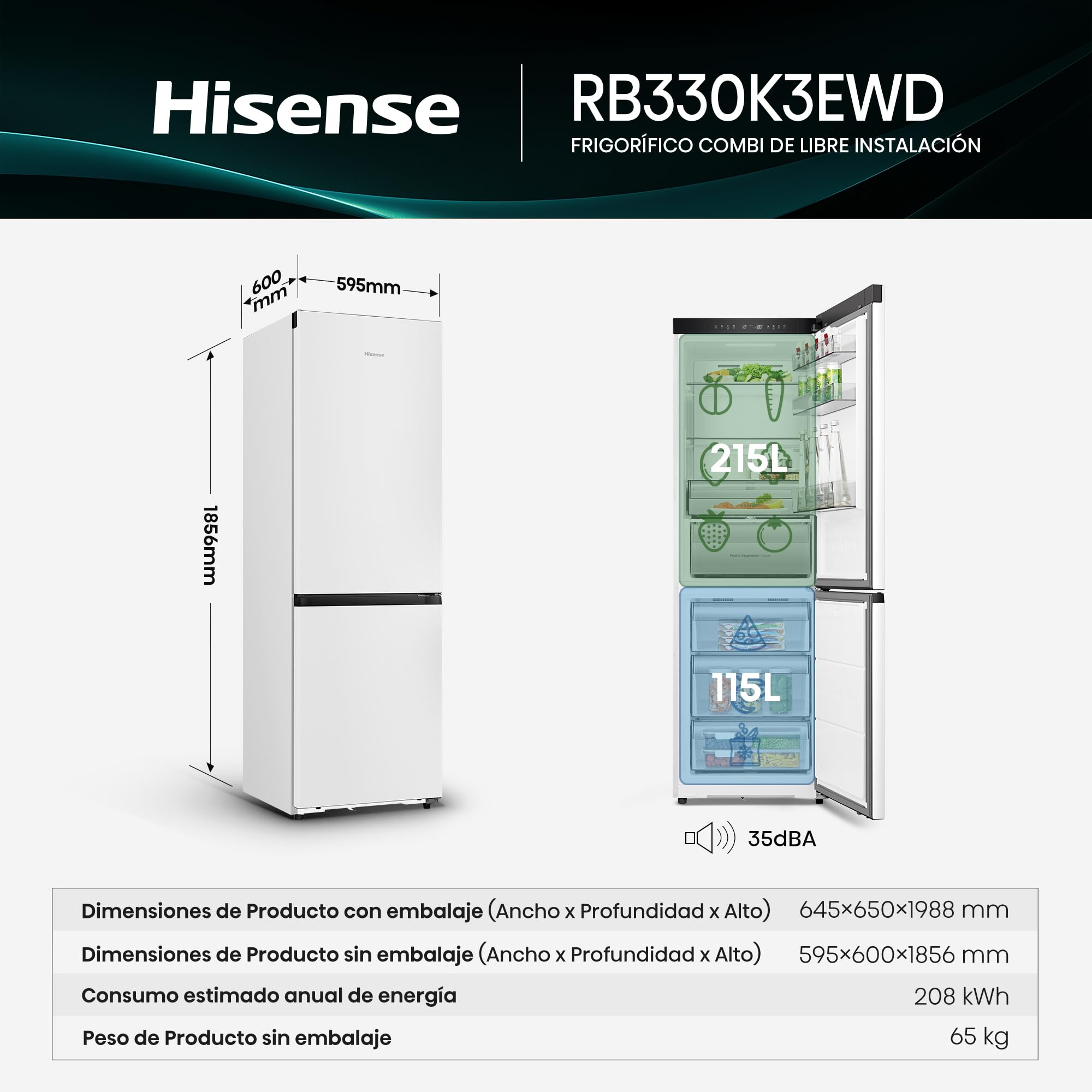 Hisense RB330K3EWD - Frigorífico Combi 2 Puertas Total No Frost Kitchen Fit, 330L, 186cm, Ventilación Inferior, Apertura de Puerta 90º, Supercongelado -28ºC, Conectividad WiFi, Multi Airflow, Blanco