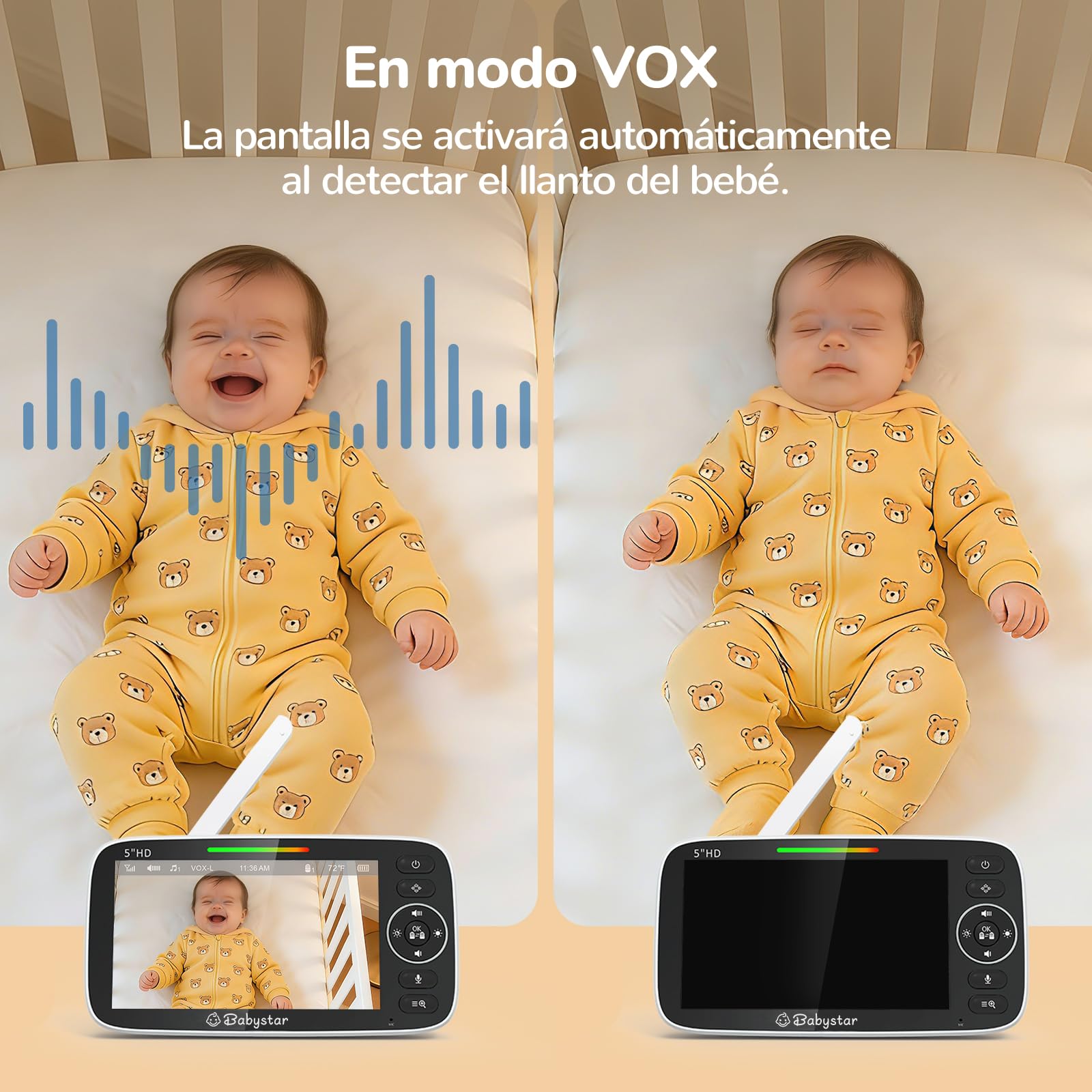 Babystar Camara Vigilancia Bebe 5" 720P HD IPS Rotación de 355° Vigilabebes con Camara Batería de 4000 mAh, Sin WiFi, VOX, Audio Bidireccional, 4×Zoom, Sensor de Temperatura y Aviso de Lactancia