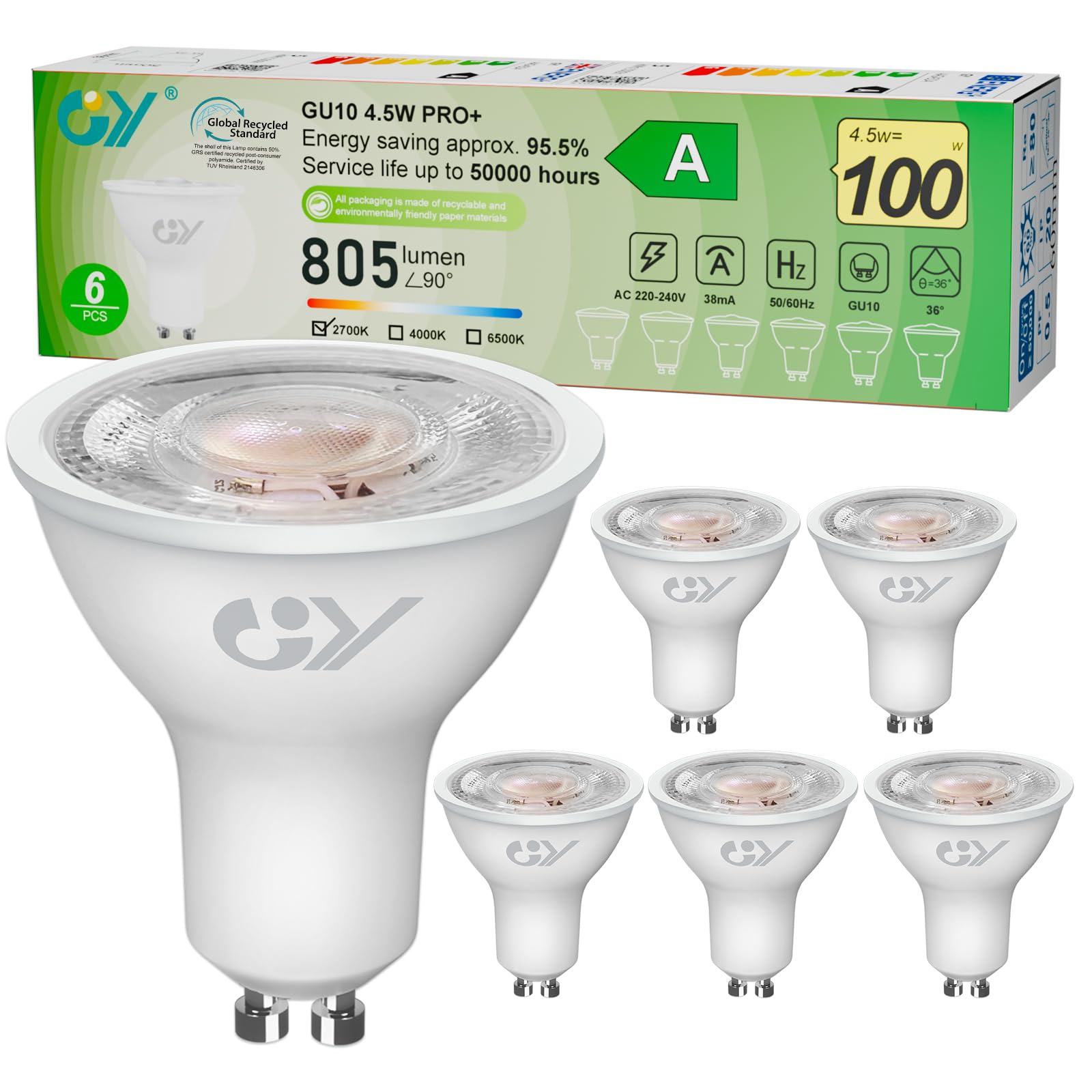 GY GU10 Spotlight 36° Beam Angle LED Bulbs Energy Efficiency Class A, Warm White 2700K 805LM,Equivalent to 100W, Non-Dimmable