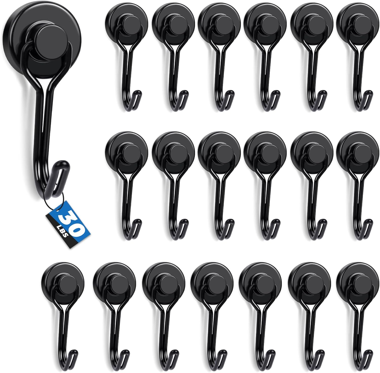 E BAVITE Swivel Swing Magnetic Hooks,30LB（20pack） Black Refrigerator Magnet Hook,Strong Neodymium Magnets Perfect for Refrigerator and Other Surfaces, 60mm(2.36In) in Length