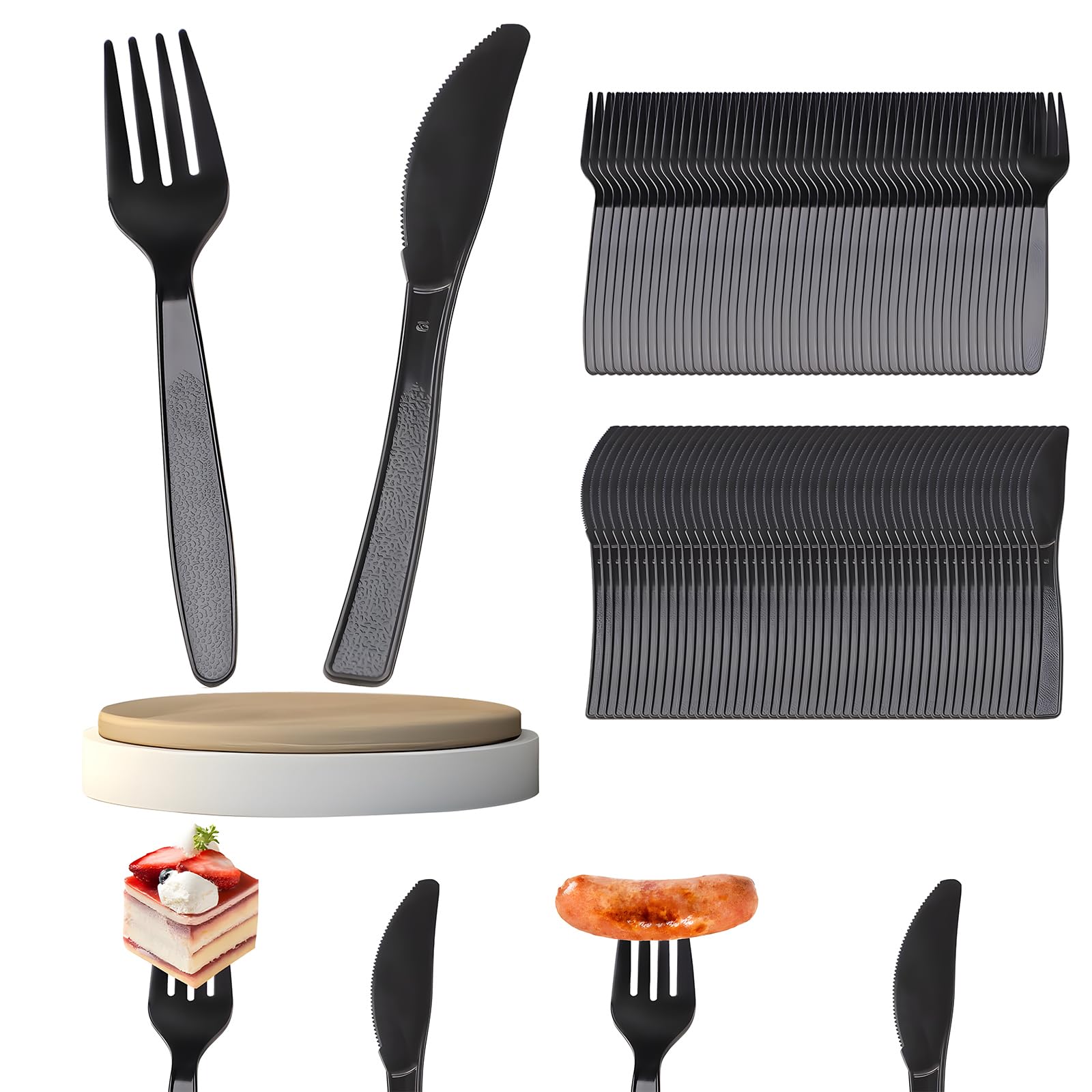 100 Stück Plastikbesteck, Plastik Besteck, Plastikbesteck Schwarz, Wiederverwendbar Set für Pizza, Dessert, 50 Plastikmesser & 50 Gabeln Plastikbesteck für Familienfeiern Outdoor Dinner, schwarz