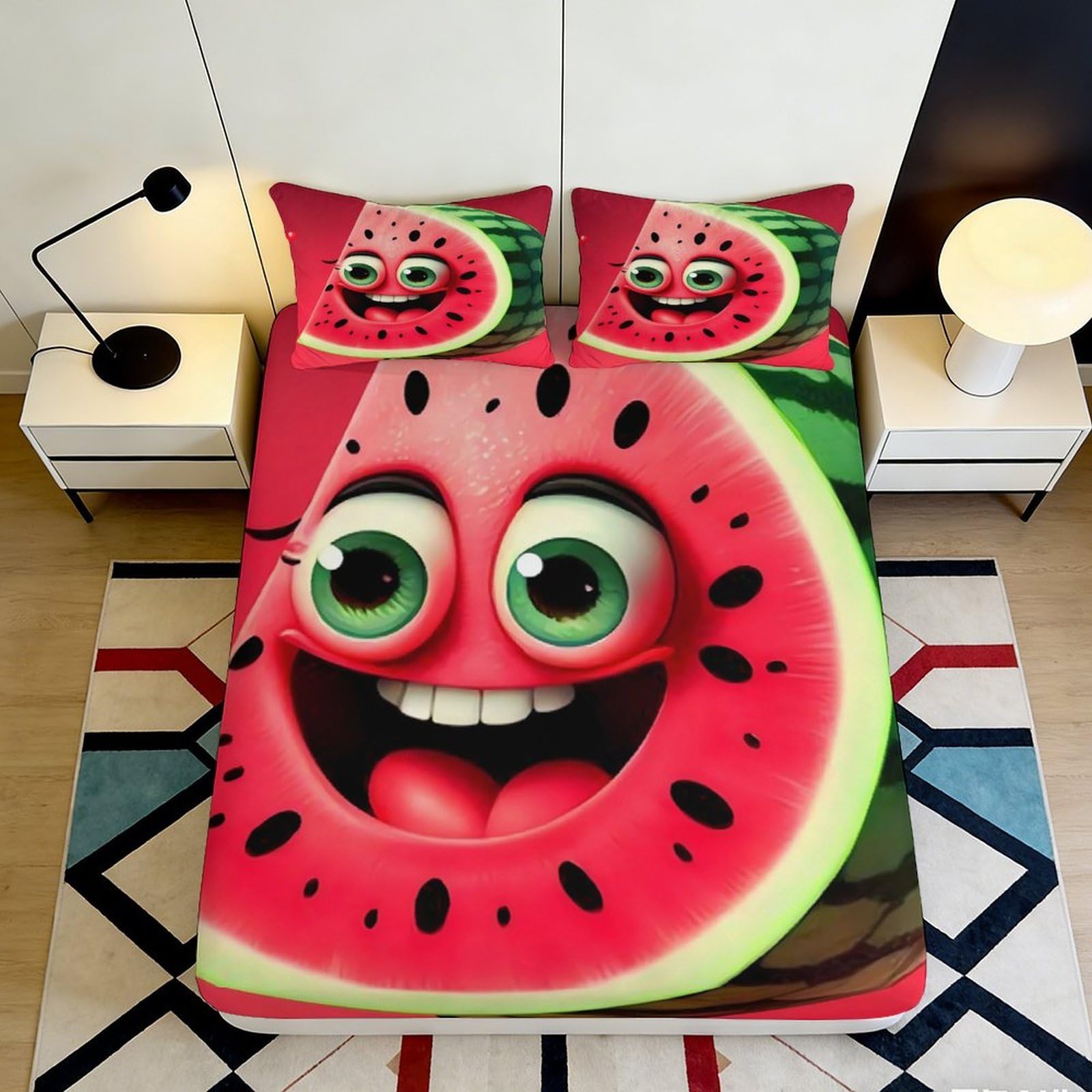 3D Printed Watermelon Cartoon Fitted Sheet Microfiber Soft Breathable Fruit Bed Cover for Bedroom Dorm Decor 90x200x25cm