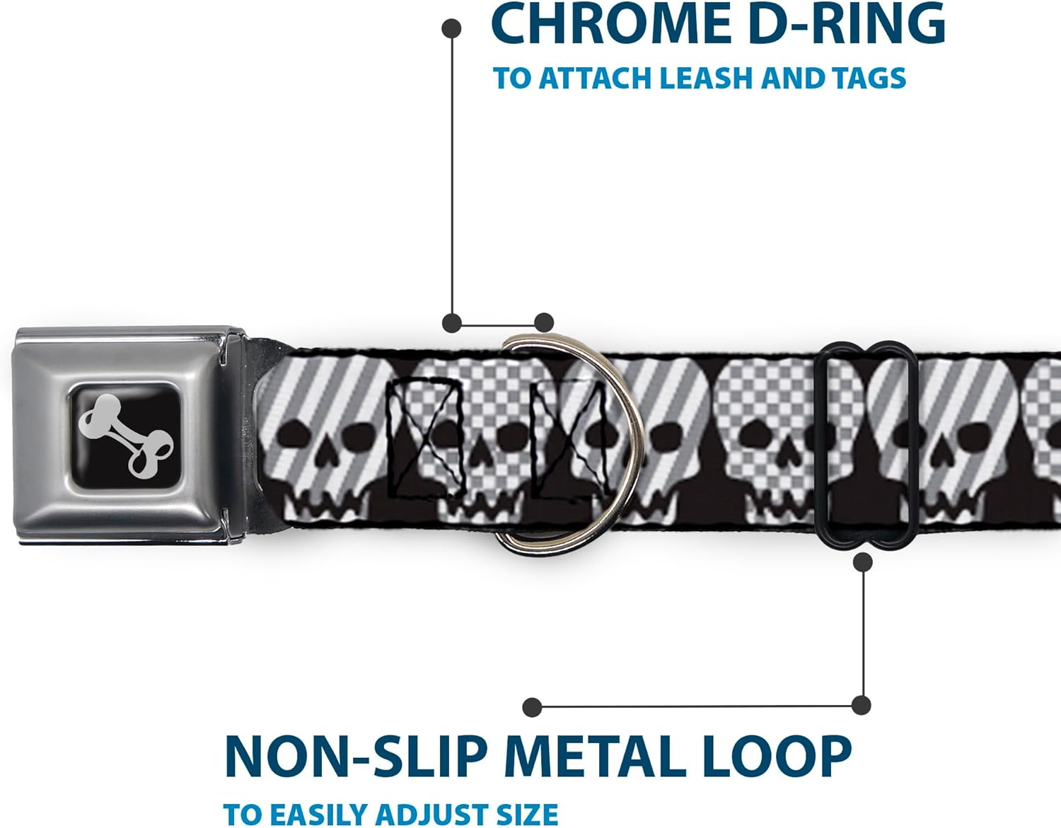 Buckle-Down Seatbelt Buckle Dog Collar - Checker & Stripe Skulls Black/White/Gray - 1" Wide - Fits 15-26" Neck - Large