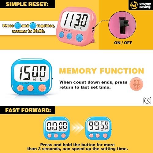 Miniatura 5 de Paquete de 2 temporizadores de aula para profesores y niños, temporizador digital magnético grande, azul y rosa azul rosa