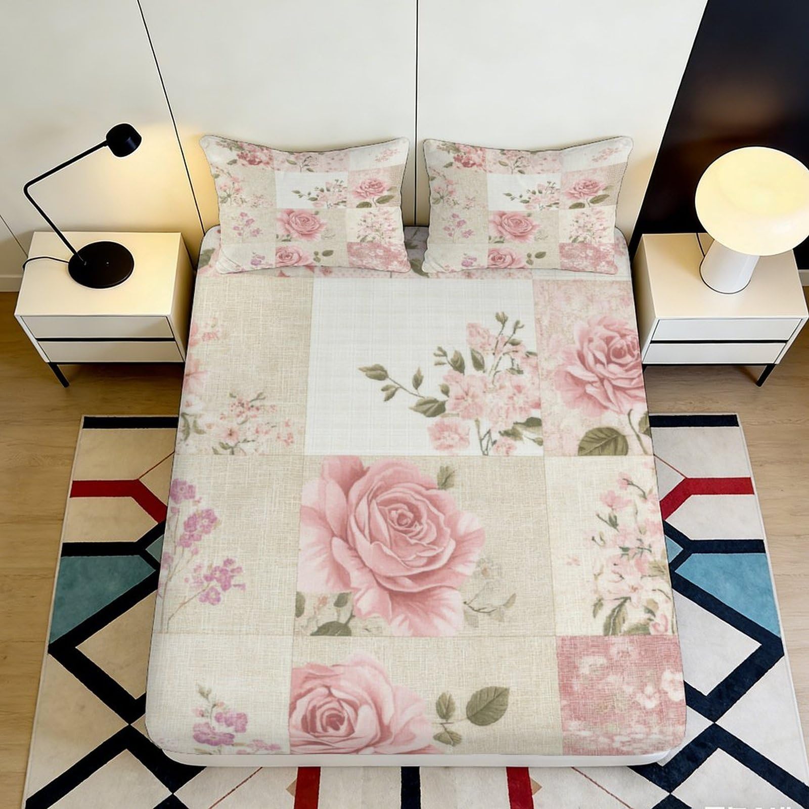 3D Printed Pink Rose Floral Fitted Sheet Microfiber Non-Slip Mattress Cover, Washable Dustproof Bed Decor for Bedroom Guest Room 180x200x25cm