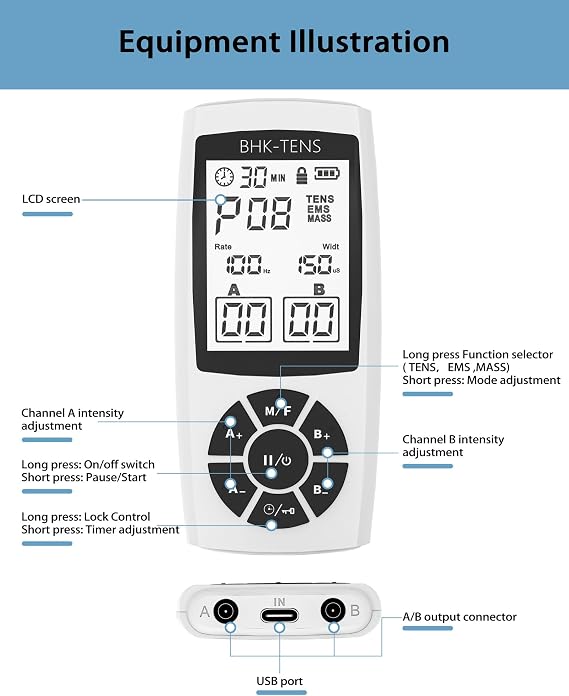TENS & EMS Muscle Stimulator, 22 Modes Dual Channel TENS EMS Unit Pain Relief Device for Back, Neck & Joint Pain and Muscle Strength, Electronic Pulse Muscle Massager with 8 Electrode Pads