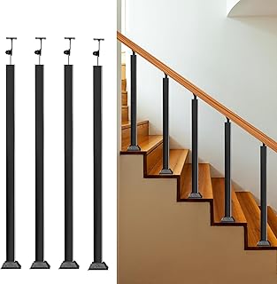 Indoor Railing Kits, 4 Pack Black Railing Post Kit, 270° Adjustable Flat Brackets Spindle Post & 35.43" Iron Square Stair Posts Kit for Stair Railing Indoor, Balcony, Staircases Spindles, Deck, Attic