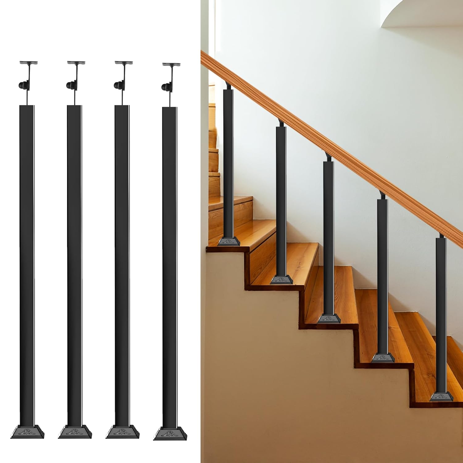 Indoor Railing Kits, 4 Pack Black Railing Post Kit, 270° Adjustable Flat Brackets Spindle Post & 35.43" Iron Square Stair Posts Kit for Stair Railing Indoor, Balcony, Staircases Spindles, Deck, Attic