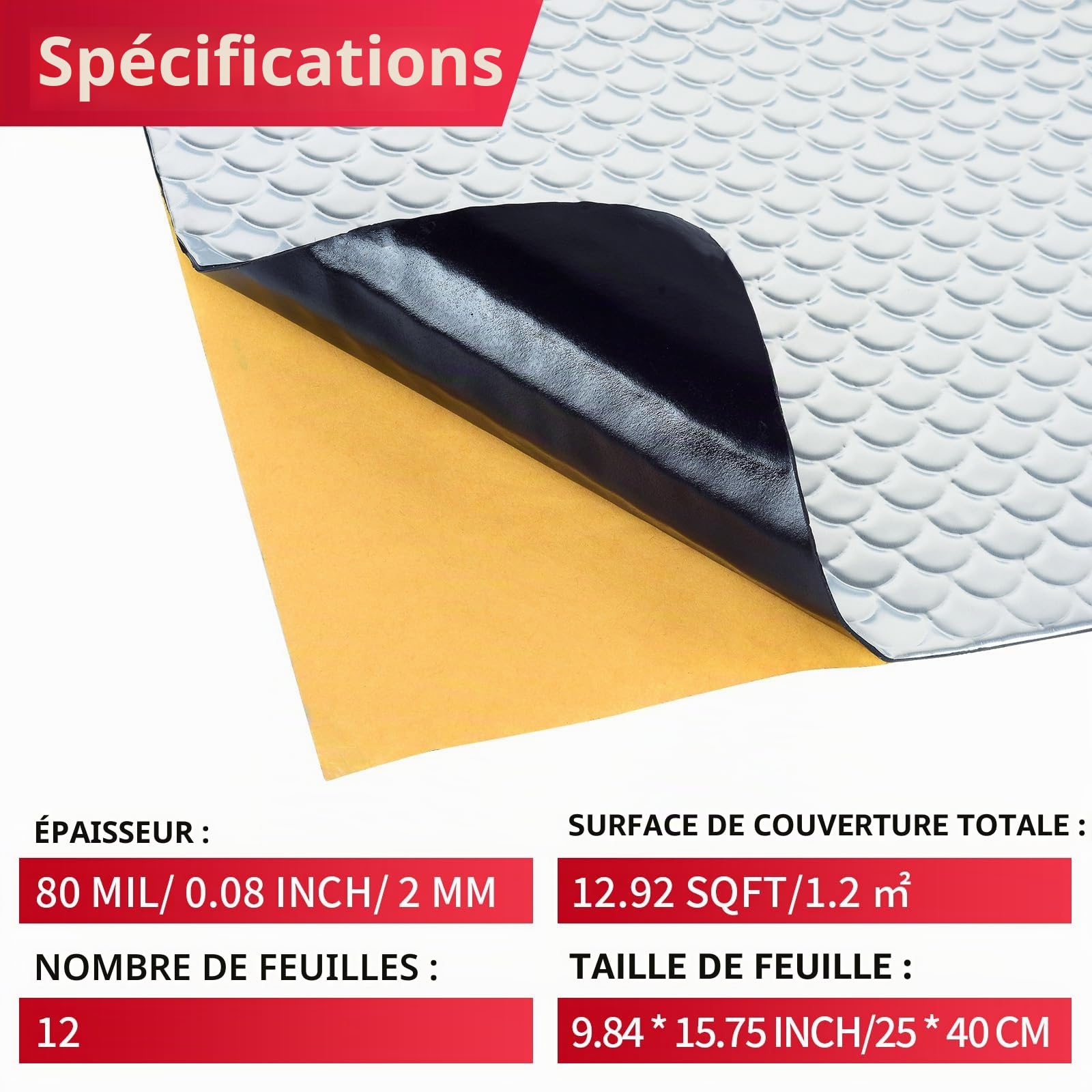 2mm 12 pièces 40×25cm, Feuille insonorisante auto-adhésive Alubutyl pour véhicule Isolation anti-vibration et acoustique (1,2 m²)