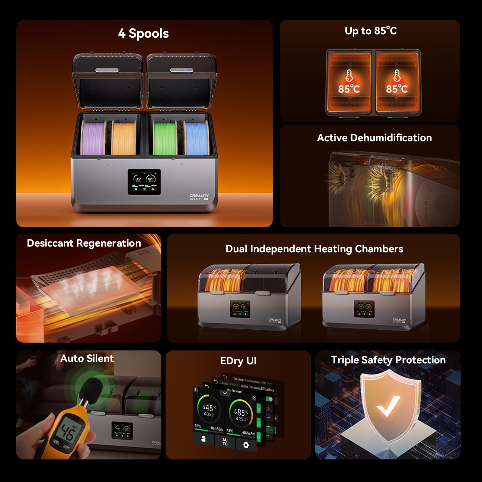 Creality Filament Dryer Box 4.0,Space PI X4 Drybox 4 Spool,200W PTC 3D Printer Dehydrator,360° Uniform Drying,upto 85?,Dual Chamber,Auto Silent,Desiccant Refresh,Active Dehumidify for PLA,PETG,ABS,PA