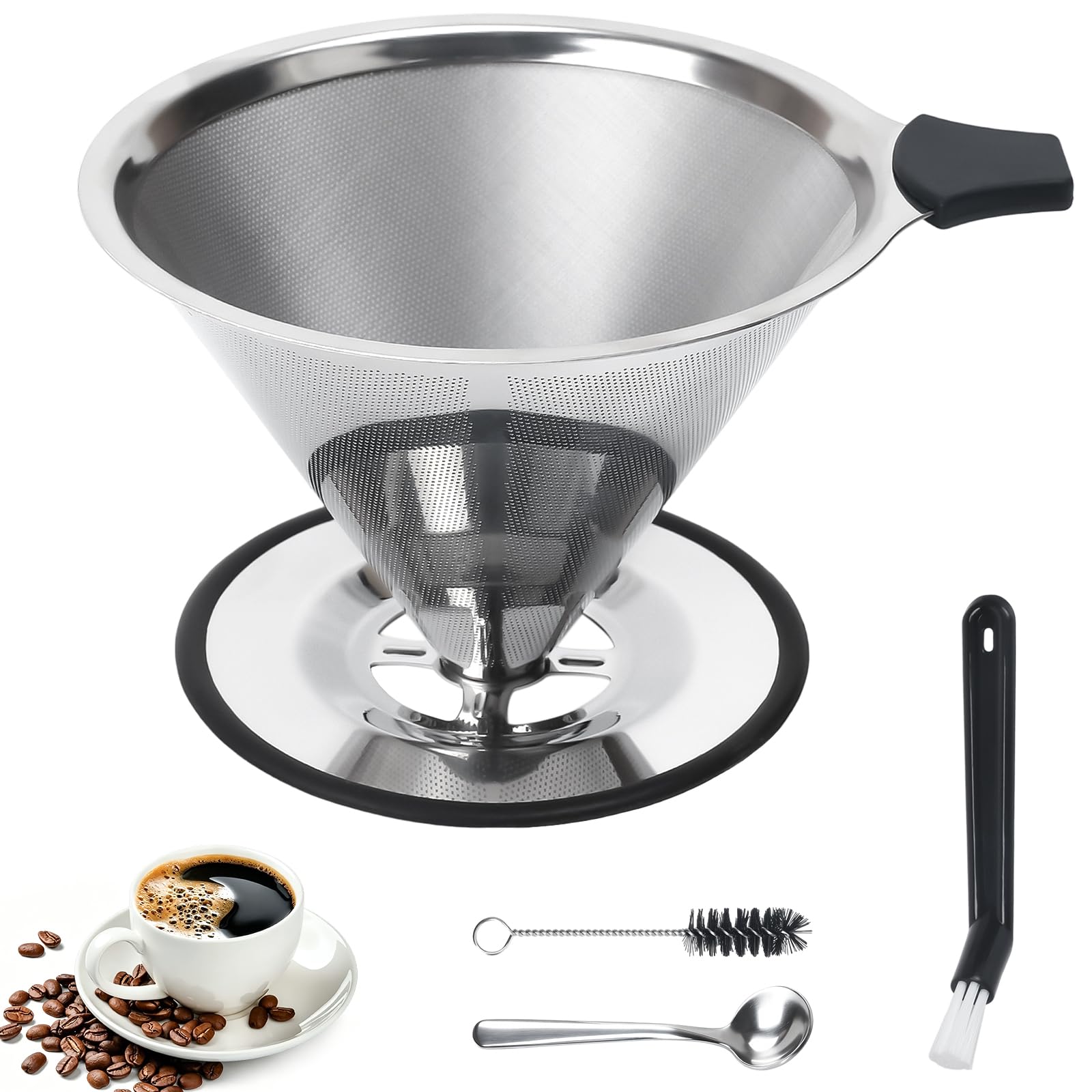 Zythrem Pour Over Coffee Dripper Stainless Steel Coffee Filter Paperless Mesh Cone Reusable Drip Coffees Filter Cup with Cleaning Brushand and Spoon for Single Cup Brew Coffee Maker