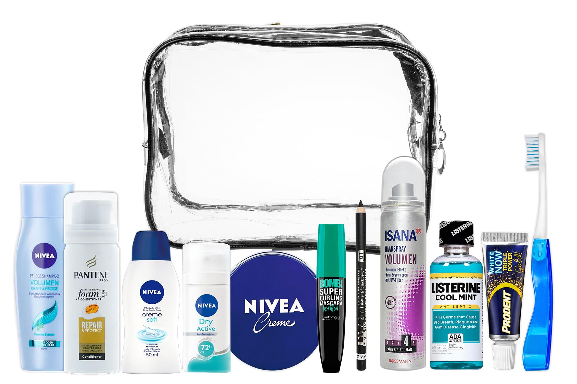 Set da viaggio adatto per bagaglio a mano, vacanze, comprendente tutti i prodotti di marca per la cura della persona necessari, in un beauty case in PVC