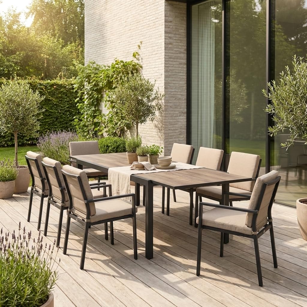 Alice's Garden sweeek-Mesa de jardín de Madera Extensible de DPC y Aluminio, 6-8 plazas Marrón - 240x90x75 cm | Nashville 240cm