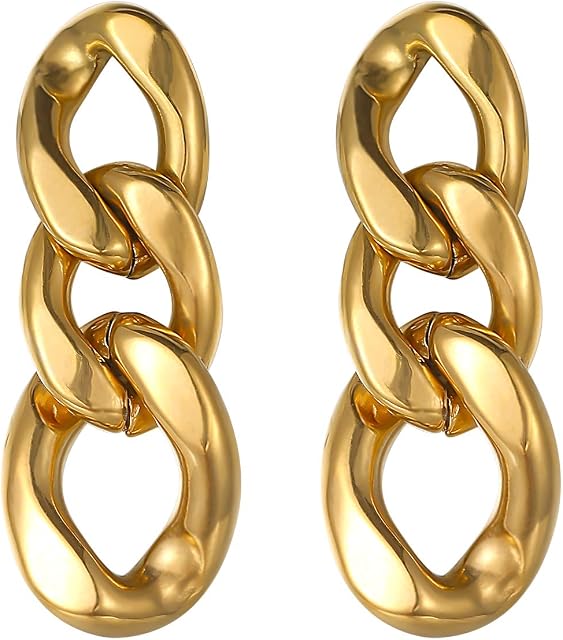Fluidable Hadley Link Earrings, 18K Gold Earrings For Women And Ladies, Triple Hoops Drop Earrings, Curb Chain Link Dangle Earrings, Vintage Earrings, Gift For Anniversary