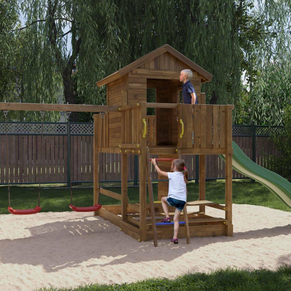Casetta Parco Giochi in Legno da Giardino Fungoo Mars con Scivolo 2,2 m, 2 Altalene, Tavolo Picnic, Parete Arrampicata e Sabbiera – Struttura Completa per Bambini 3-10 Anni