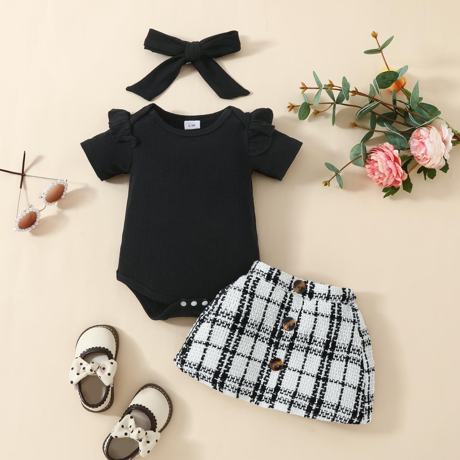 BULINGNA Newborn Infant Baby Girl Summer Clothes Ruffle Short Sleeve Ribbed Romper Plaid Tweed Pattern Skirt with Headband (Black, 0-3 Months)
