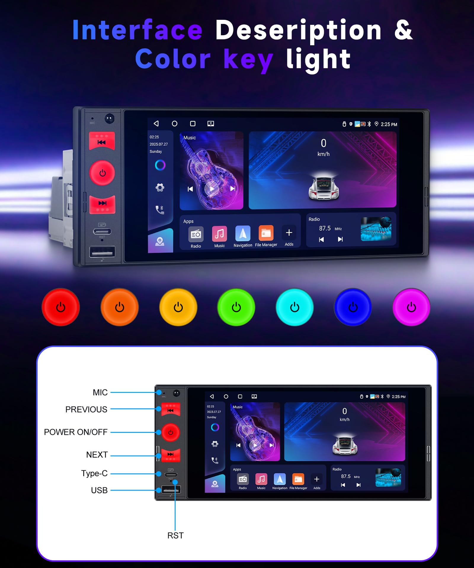 VECHTEL 4G+64G Android 15 Radio samochodowe 1 Din z bezprzewodowym samochodem Android Carplay, 6-calowy ekran dotykowy HD, obsługa Bluetooth 5.0 GPS Wi-Fi radio FM RDS łącze lustro USB/typ C kamera