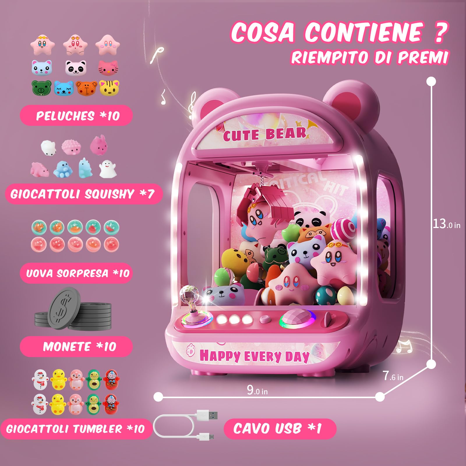 Skirfy Macchine per Artigli per Bambini,Giocattoli unicorni per Ragazze dai 6 Anni in su,Mini distributore Automatico di Giochi Arcade con Giocattoli Squishy Fidget,Claw Machine,Easy to Control,Pink