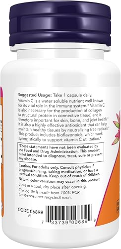 Miniatura 3 de NOW Suplementos, Vitamina C-1,000 con Rose HIPS y Bioflavonoides, Protección Antioxidante*, 30 Cápsulas Vegetales