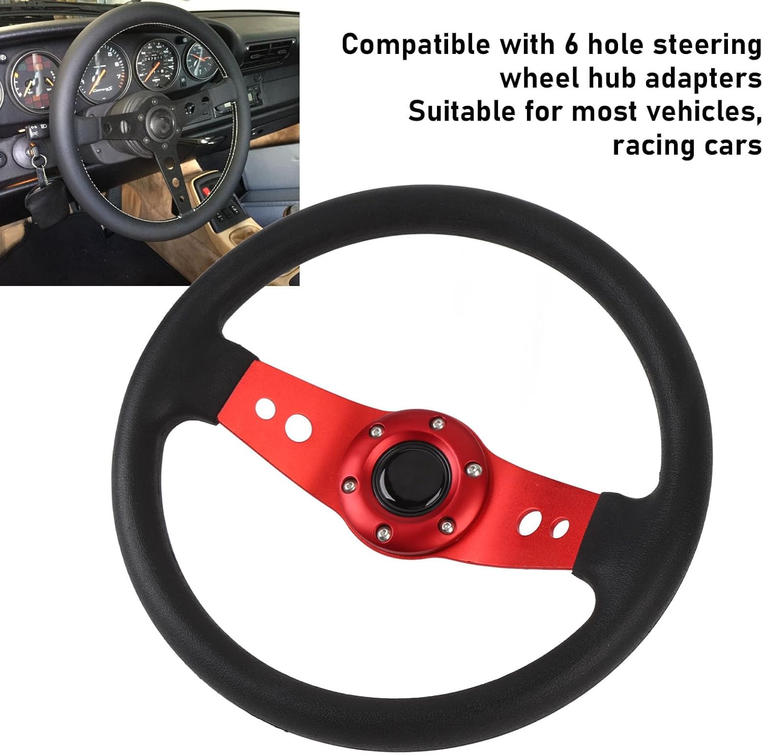 14in Racing Style Steering Wheel with Horn Button,Pu,Aluminum, Universal for Most Cars,6 Hole Hub Adapter (Red)