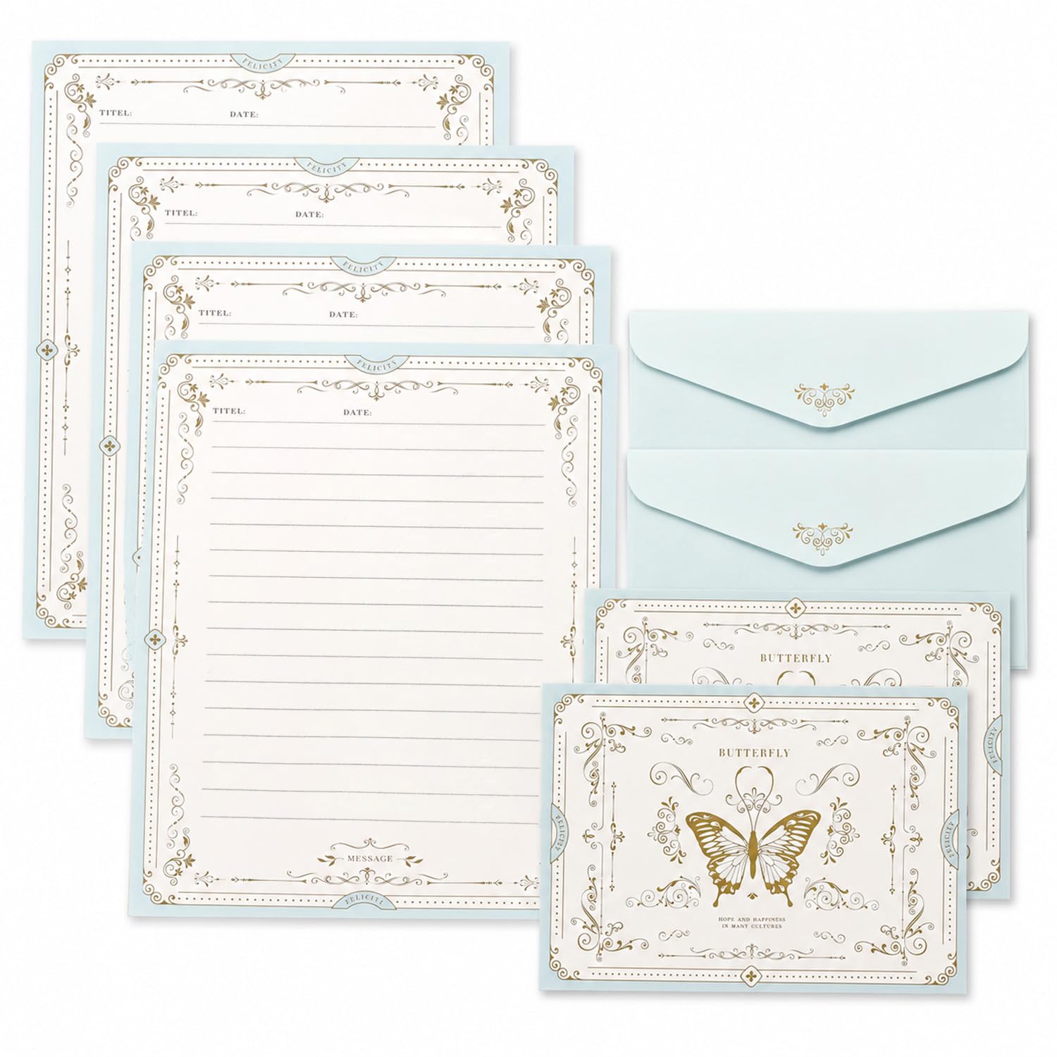 Blue Gold Butterfly Stationery Writing Paper & Envelopes Set, Elegant Vintage Ins Style Letter Sheets for Handwritten Notes, Festival Greeting Cards & Gift Messages, 4 Letter Papers + 4 Envelopes